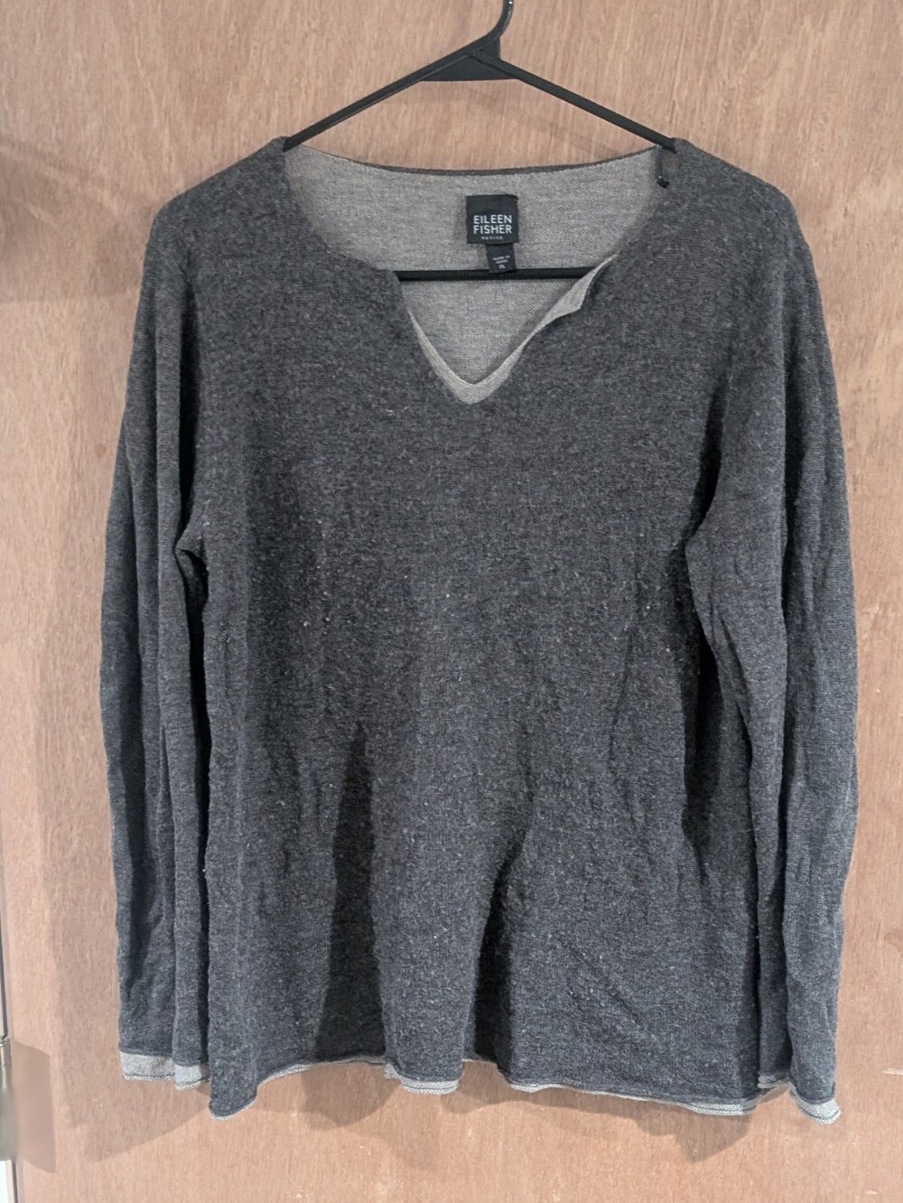 Eileen Fisher Dark Charcoal V-Notch Long Sleeve Knit Sweater